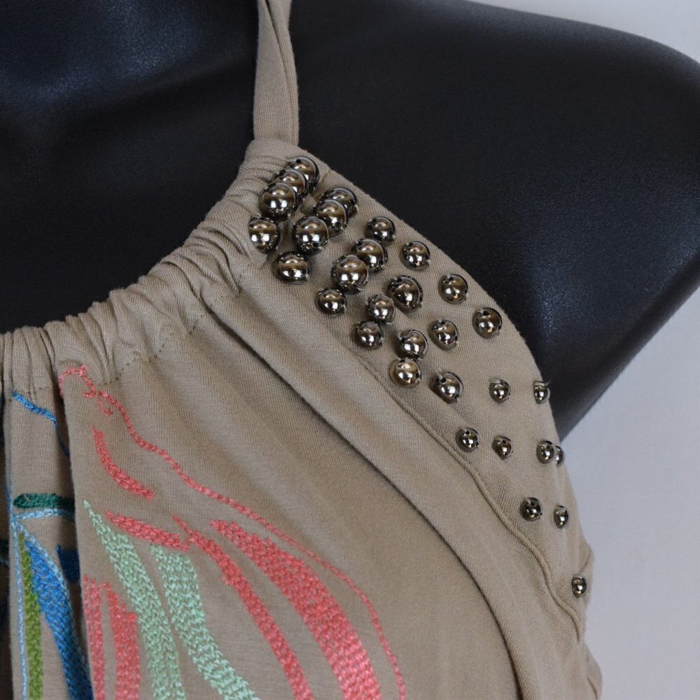 Escada Sport Tan Embroidered Halter Mini Dress 4 Jersey Knit Studded - Picture 5 of 9